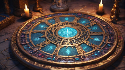 Obraz premium Within the Sorcerer's Sanctum, arcane symbols glow, holding secrets of ancient magics, Generative AI