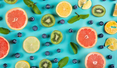 Colorful Summer Fruit Pattern on Turquoise Background