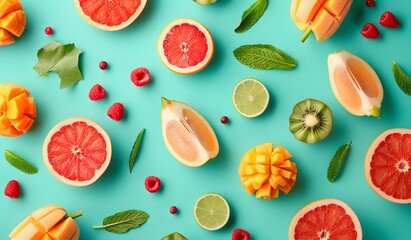 Colorful Summer Fruit Pattern on Turquoise Background