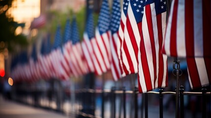 Memorial day tribute with american flags adorning city street in solemn remembrance