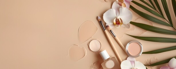 Cosmetic Products with Brush and Orchid on Beige Background