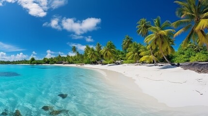Obraz premium Tranquil maldives island white sandy beach, turquoise ocean, and blue sky panorama