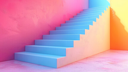 A staircase with blue steps is shown in a room with a pink wall