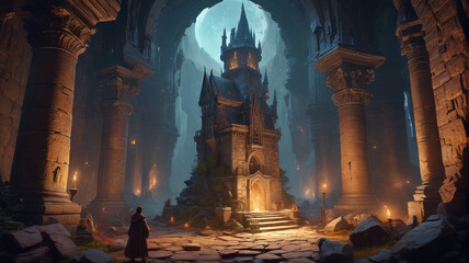 Fototapeta premium Within the walls of the Wizard's Tower, arcane scholars delve into forbidden tomes and ancient scrolls, seeking knowledge that could unlock the secrets of the universe, Generative AI