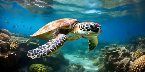 Endangered hawksbill sea turtle swims over Yap Island reef in Pacific. Concept Marine life, Endangered species, Pacific Ocean, Conservation efforts, Underwater photography