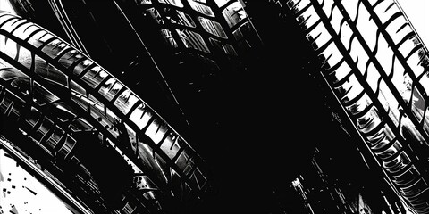 Close-Up of Stacked Car Tires with Detailed Tread Patterns in Black and White