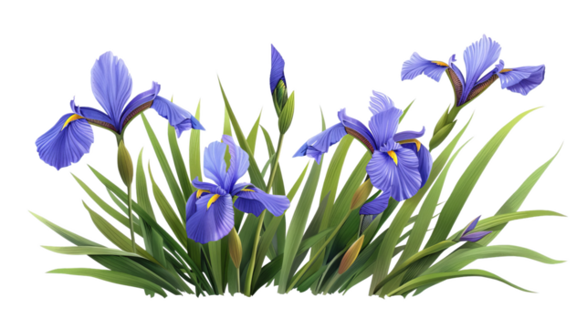 Beautiful cluster of vibrant purple iris flowers in bloom, set against lush green foliage, capturing the essence of springtime elegance.