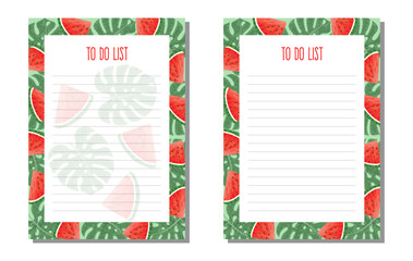 Fototapeta premium Set panner, to do list with tropical leaves of monstera and watermelon slice.