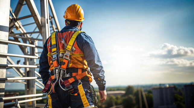 Worker with safety equipment at height