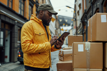 Courier using tablet for deliveries in the city