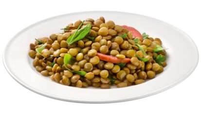 prato com lentilha cozida com linguiça e ervas isolado em fundo transparente