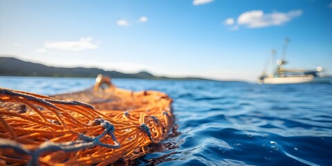 Detailed closeup of fishing net on a boat with vast sea background. Concept Closeup Photography, Fishing Net, Boat, Sea Background, Detail Shots