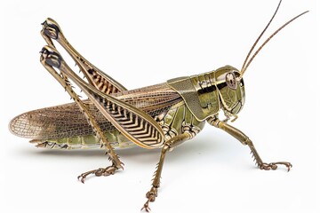 Macro Grasshopper Closeup, Detailed Band-Winged Insect, Isolated on White Background, Vibrant Colors, Nature
