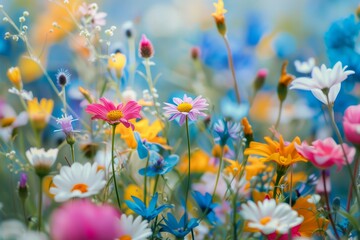 Vibrant Wildflower Meadow in Full Bloom with Colorful Blossoms and Soft Focus Background