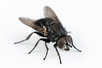 Macro Shot of Black Fly Closeup, Detailed Insect with Vibrant Colors, Isolated on White Background