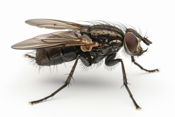 Fototapeta premium Macro Shot of Black Fly Closeup, Detailed Insect with Vibrant Colors, Isolated on White Background