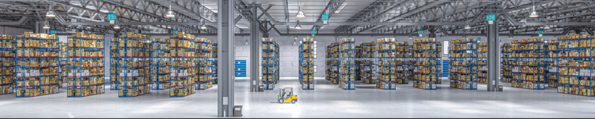 Modern automated warehouse interior with robotic equipment