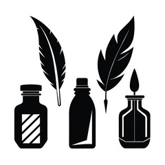 Set of vector feather and ink bottle icon black vector on white background