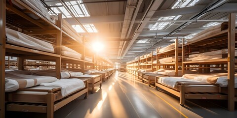 Display of High-Quality Mattresses in Production Plant with Organized Rows and Plush Comfort Layers. Concept Mattress Production, Quality Display, Organized Rows, Comfort Layers, Plush Materials