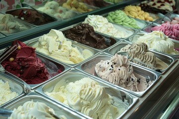 Vibrant display of various gelato flavors in a dessert shop