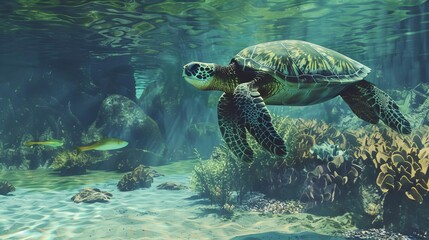 Fototapeta premium graceful sea turtle swimming through tranquil ocean waters aigenerated illustration