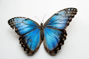 Macro Shot of Blue Morpho Butterfly Closeup, Detailed Insect with Vibrant Colors, Isolated on White Background