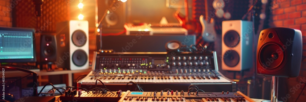 Poster a vibrant recording studio filled with a myriad of sound equipment, from mixers and microphones to k