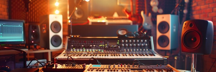 A vibrant recording studio filled with a myriad of sound equipment, from mixers and microphones to keyboards and speakers, creating a harmonious atmosphere for music production. Generative AI