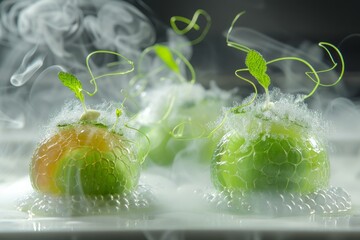 Elegant dish of green molecular spheres with aromatic mist, embodying culinary innovation