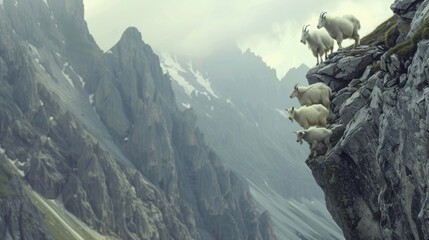 A group of mountain goats perched on a steep cliff, with rugged mountains in the background. 8k, full ultra HD, high resolution, cinematic photography