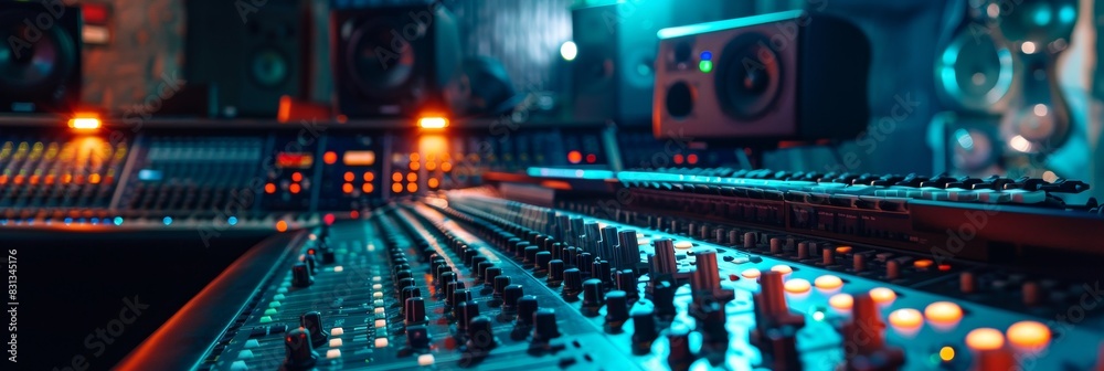 Poster a mixing desk filled with countless knobs and lights, a hub of creativity in a recording studio buzz