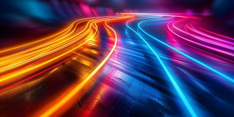 Neonlit night race track: Experience powerful acceleration and vibrant lights. Concept Night Racing, Neon Lights, Speed Thrills, Racing Excitement, Vibrant Atmosphere