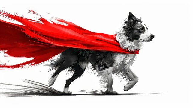 heroic superdog with flowing red cape striking a powerful pose on white background digital animal illustration