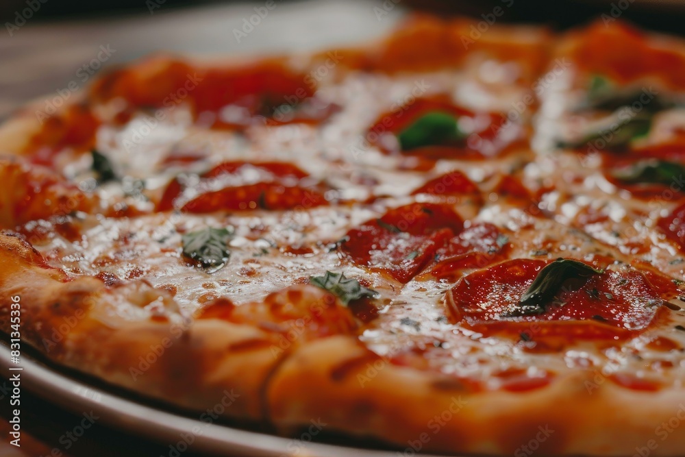 Poster closeup of a delicious pepperoni pizza garnished with fresh basil