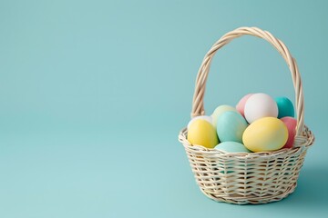 Easter basket with colorful painted eggs on light blue background
