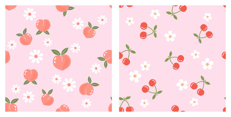 Seamless pattern with peach fruit, cherry and white flower on pink backgrounds vector.