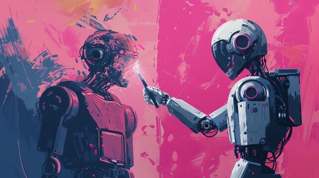 human artist passing pen to ai robot symbolizing the transition to artificial intelligence in art concept illustration