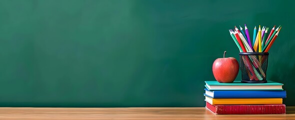 Desk with Books, Colored Pencils, and Apple on Green Chalkboard