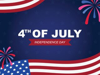 4th of July Independence Day Banner American Flag and Firework Vector Illustration.