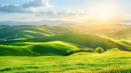 Fototapeta premium An expansive landscape of rolling hills bathed in golden sunlight, perfect as a serene background for presentations or advertisements