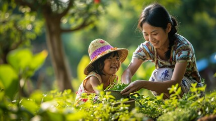 Fototapeta premium A cheerful image of a woman and child engaging in gardening together, surrounded by nature, embodying a warm, sunny atmosphere, perfect for family or educational themes.