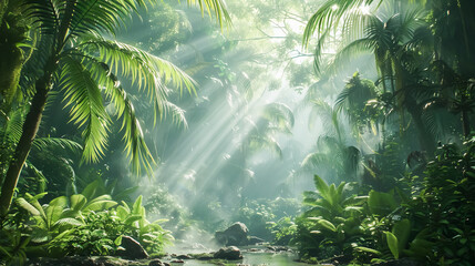 A lush tropical forest with sunlight filtering through the canopy, creating a peaceful and natural backdrop for digital projects or promotional materials