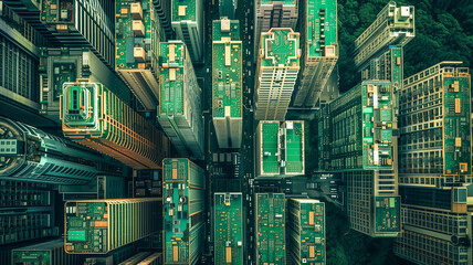 Circuit board city high angle  aerial view of tall buildings the downtown area of a city,  buildings made from circuit boards, microchips and processors. Skyscraper circuits, smart city. birdseye view