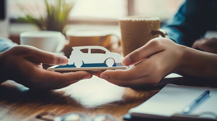 Fototapeta premium Car insurance concept with handshake. Business agreement and document signing. Professional and trustworthy service illustration. AI