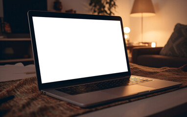 Laptop blank screen on sofa in cozy house with lamps in dim light