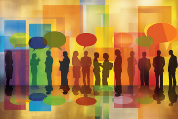 Illustration of a group of people, their colorful silhouettes with dynamic talking bubbles against a vibrant backdrop. For communication concepts.