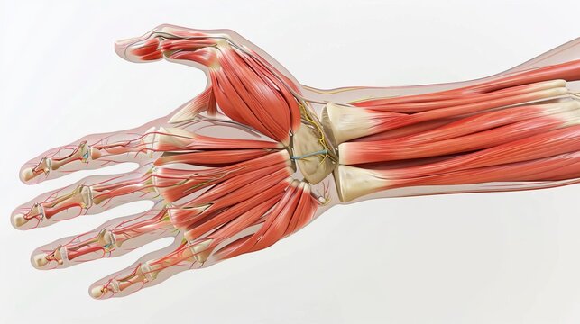 immersive hand anatomy 360degree panorama of intrinsic and extrinsic muscles detailed medical illustration