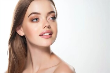 Obraz premium close up face portrait of young pretty Caucasian woman with bright flawless skin, beauty cosmetic or skincare fashion portrait with copy space isolated on white background,