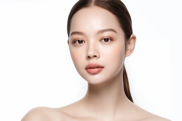 Fototapeta premium close up face portrait of young pretty Asian woman with bright flawless skin, beauty cosmetic or skincare fashion portrait with copy space