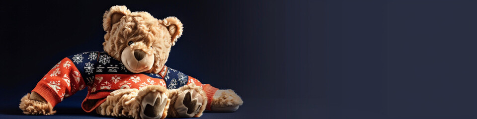 A cuddly caramel teddy bear toy in a bright coral Christmas sweater adorned with white snowflakes, posed reclining 